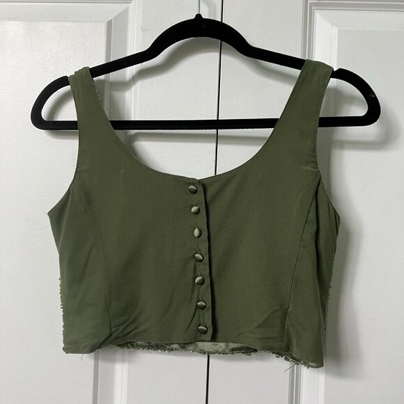 Y2K List Beaded Floral Tank Top Womens Green Vintage Italy Cropped 2000s - Picture 5 of 10